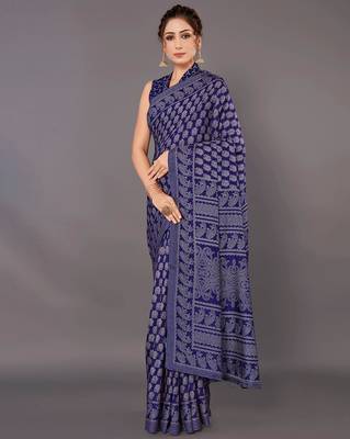 Sareemall Navy blue Festive Dola silk Printed Saree With Unstitched Blouse 1