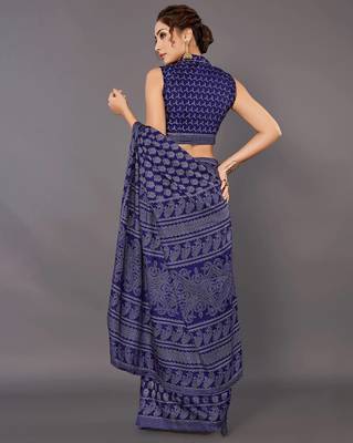 Sareemall Navy blue Festive Dola silk Printed Saree With Unstitched Blouse 2
