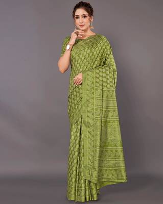 Sareemall Olive green Festive Dola silk Printed Saree With Unstitched Blouse 1