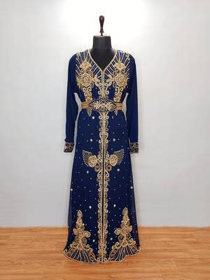 Navy blue Moroccan Kaftan With Sun-proof hijab 1