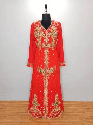 Red Moroccan Kaftan With Sun-proof hijab 1