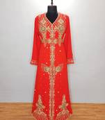Red luxurious Moroccan Kaftan With Sun-proof hijab.