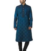 Blue printed cotton silk kurta-pajama