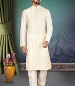 White printed art silk kurta-pajama