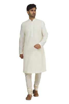 White printed blended cotton kurta-pajama 1