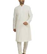 White printed blended cotton kurta-pajama