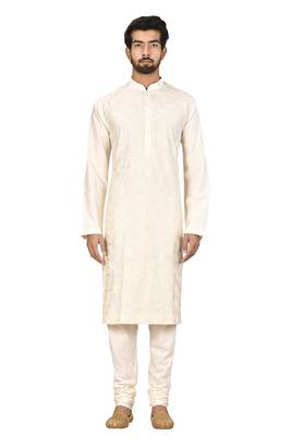 White printed blended cotton kurta-pajama 1