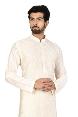 White printed blended cotton kurta-pajama 4