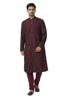 Brown printed blended cotton kurta-pajama 1