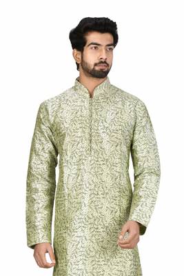 Green printed art silk kurta-pajama 4