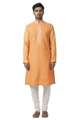 Orange printed blended cotton kurta-pajama 1