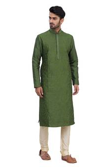Green embroidered art silk kurta-pajama