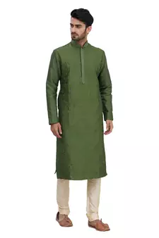 Green embroidered art silk kurta-pajama