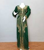 Dark Green luxurious Moroccan Kaftan With Sun-proof hijab.