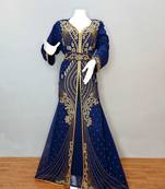Navy blue luxurious Moroccan Kaftan With Sun-proof hijab.