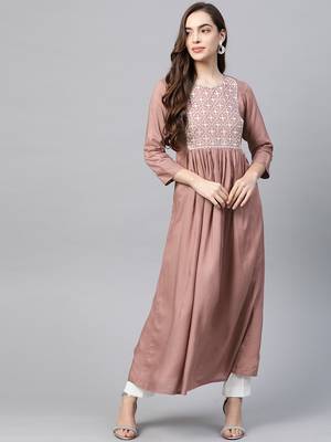 Peach embroidered viscose rayon long-dresses 1