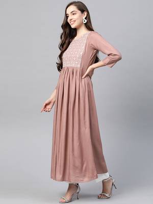 Peach embroidered viscose rayon long-dresses 3