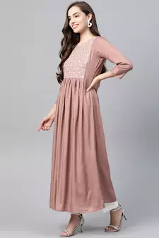 Peach embroidered viscose rayon long-dresses