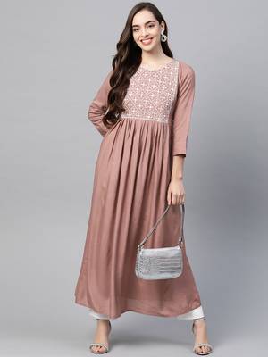 Peach embroidered viscose rayon long-dresses 5