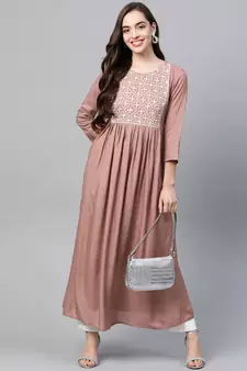 Peach embroidered viscose rayon long-dresses