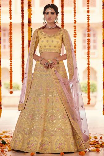 Yellow gota, zarkan and thread embroidered organza semi stitched wedding lehenga