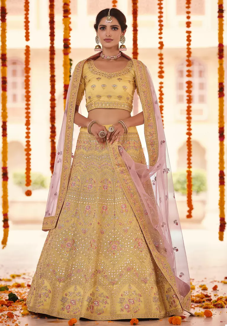 Yellow gota, zarkan and thread embroidered organza semi stitched wedding lehenga