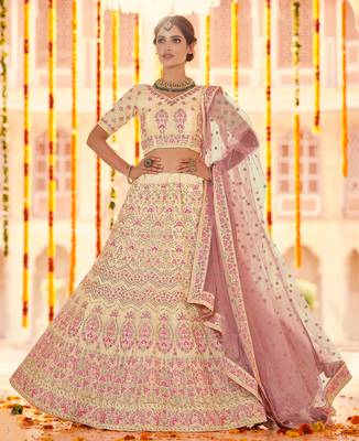 Yellow Sequins, zarkan and thread embroidered crepe Silk Semi Stitched wedding Lehenga 4
