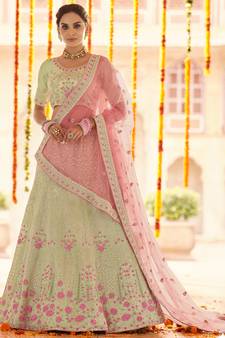 Green Zari, zarkan, gota and thread embroidered Georgette semi stitched wedding lehenga