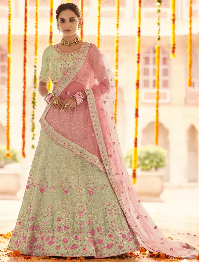 Green Zari, zarkan, gota and thread embroidered Georgette semi stitched wedding lehenga