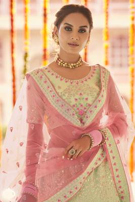 Green Zari, zarkan, gota and thread embroidered Georgette Semi Stitched wedding Lehenga 2