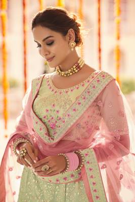 Green Zari, zarkan, gota and thread embroidered Georgette Semi Stitched wedding Lehenga 3