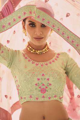 Green Zari, zarkan, gota and thread embroidered Georgette Semi Stitched wedding Lehenga 4