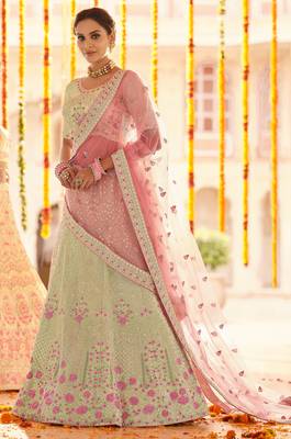 Green Zari, zarkan, gota and thread embroidered Georgette Semi Stitched wedding Lehenga 5