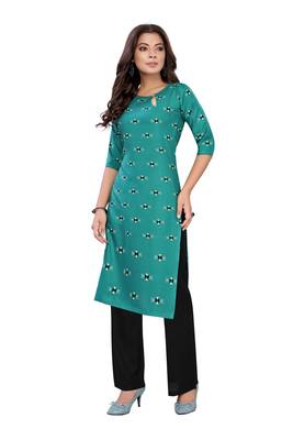 Teal printed rayon long-kurtis 4