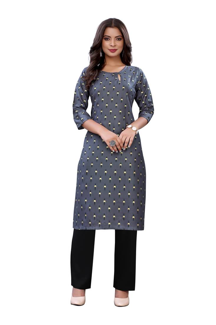 Grey printed cotton long-kurtis