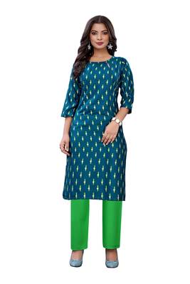 Teal printed cotton long-kurtis 1