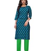 Teal printed cotton long-kurtis