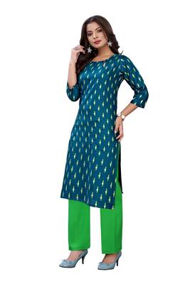 Teal printed cotton long-kurtis 3