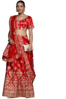 Red diamond satin semi stitched lehenga