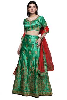 Green diamond satin semi stitched lehenga