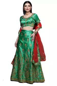 Green diamond satin semi stitched lehenga