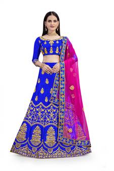 Royal-blue diamond satin semi stitched lehenga