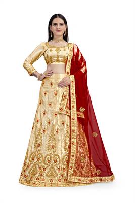 Cream diamond satin semi stitched lehenga 1