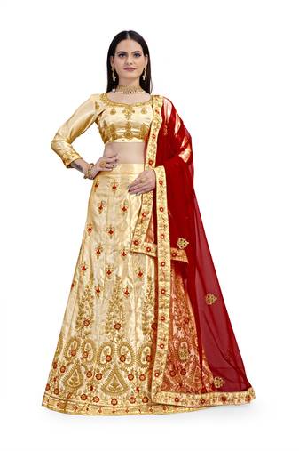 Cream diamond satin semi stitched lehenga