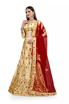 Cream diamond satin semi stitched lehenga