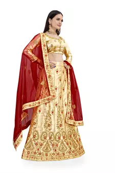 Cream diamond satin semi stitched lehenga