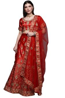 Red diamond satin semi stitched lehenga