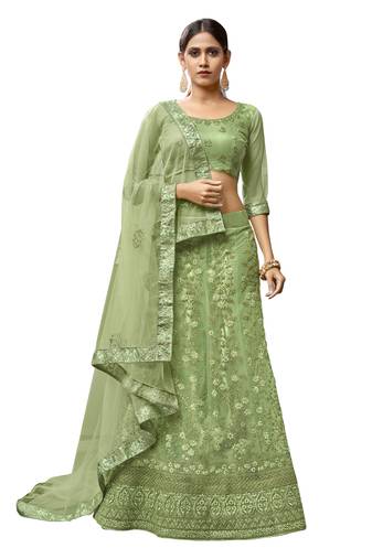 Light-green embroidered net semi stitched lehenga