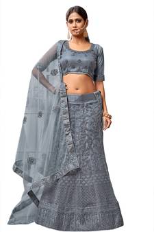 Grey embroidered net semi stitched lehenga