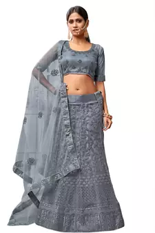 Grey embroidered net semi stitched lehenga